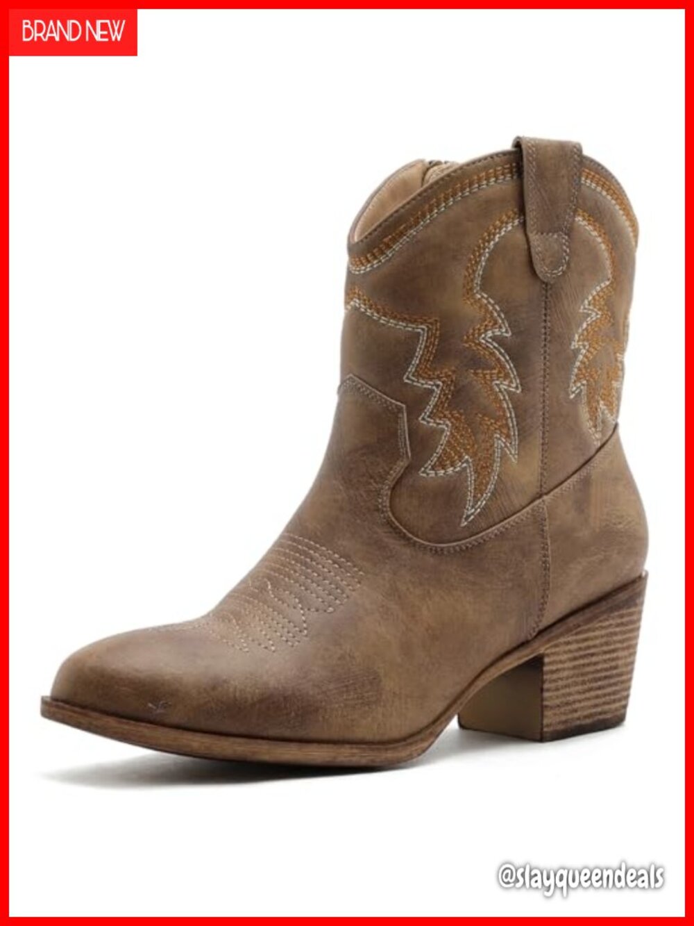Faux Leather Ankle Western Booties Pointed Toe Side Zipper Low Heel